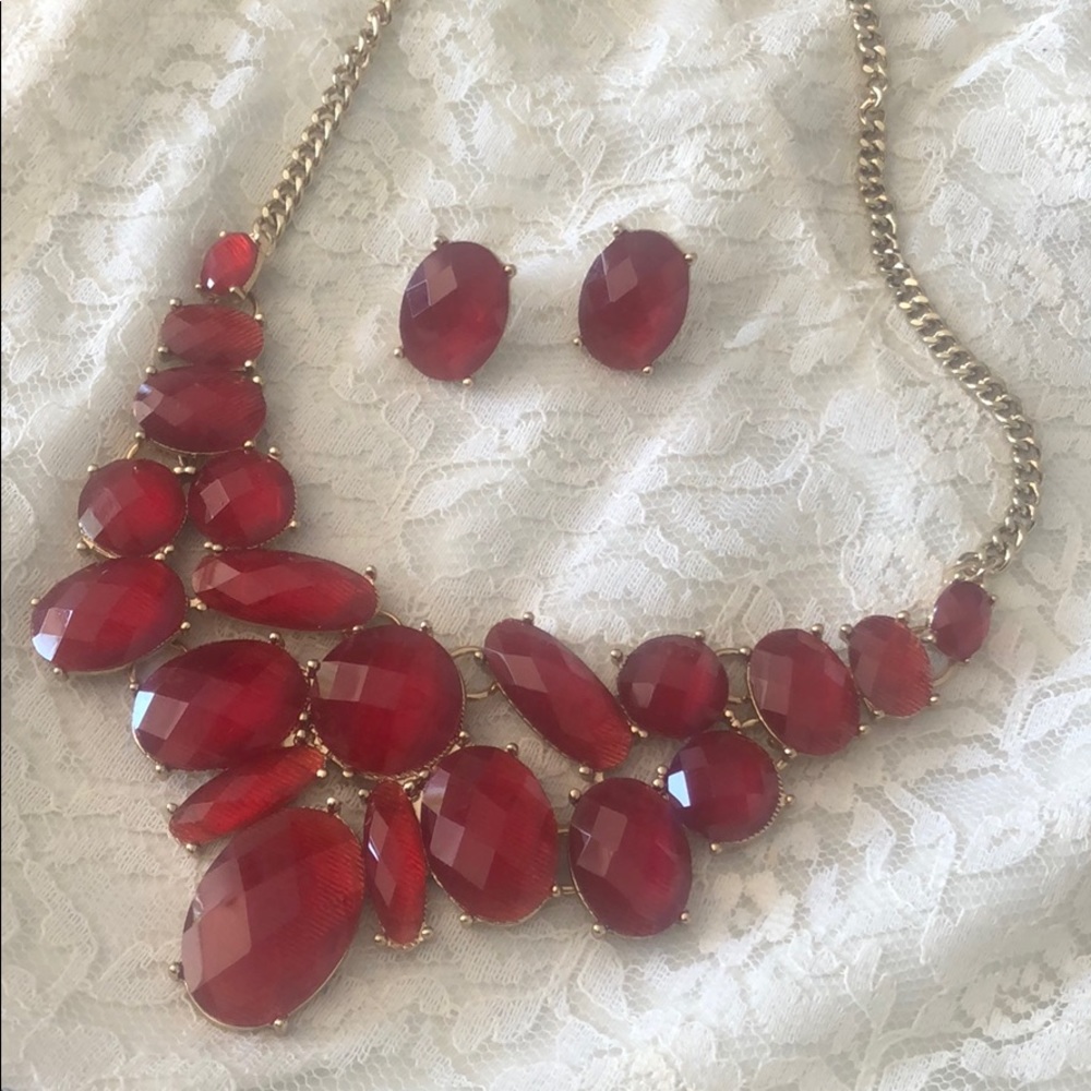 Pop of Red Statement Necklace and Earring Set